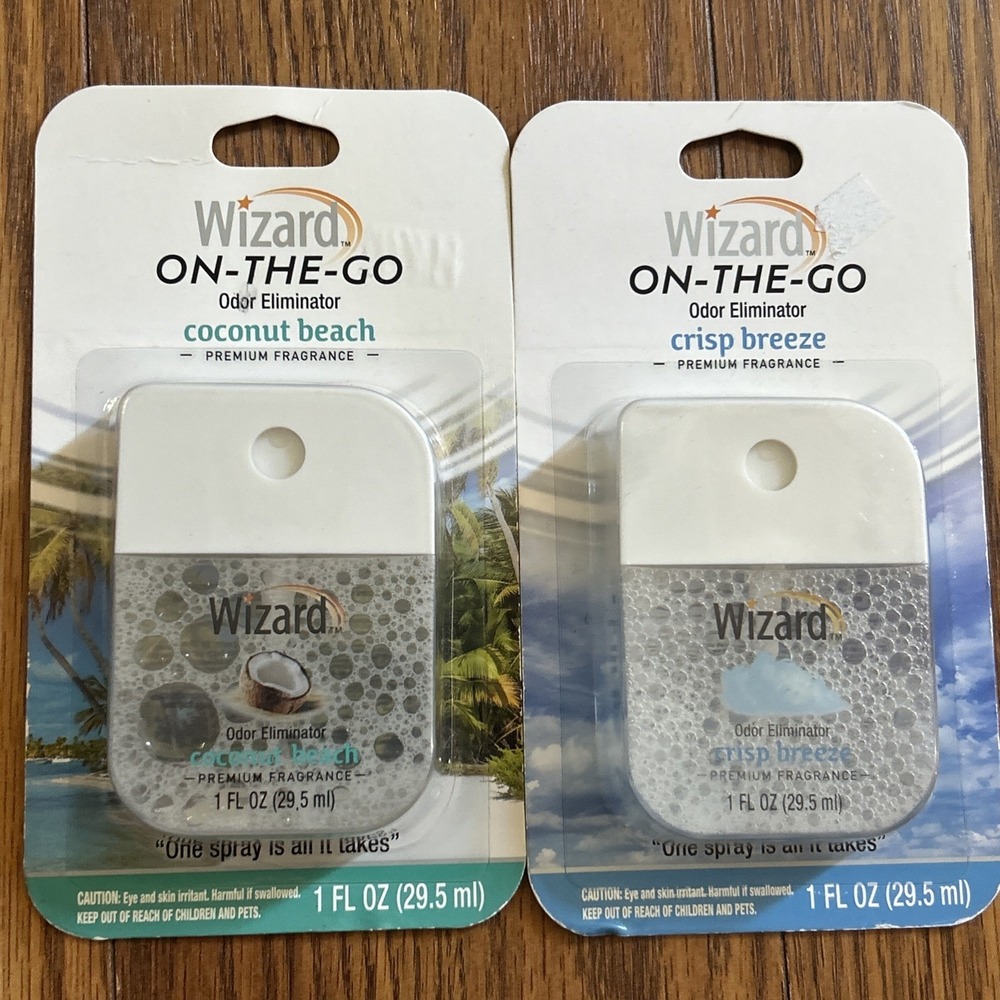 Lot of 2- New Wizard On-The-Go Odor Eliminator- Coconut Beach & Crisp Breeze 1oz